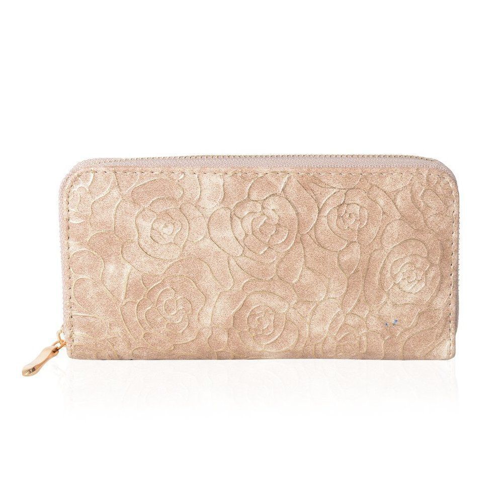 Wallet Embossed Rose Pattern Metallic Frame Beige - Picture 2 of 4